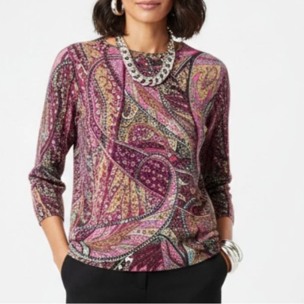 CASHMERE PAISLEY PRINT LONG SLEEVE CREW NECK SWEATER SIZE MEDIUM TALBOTS
